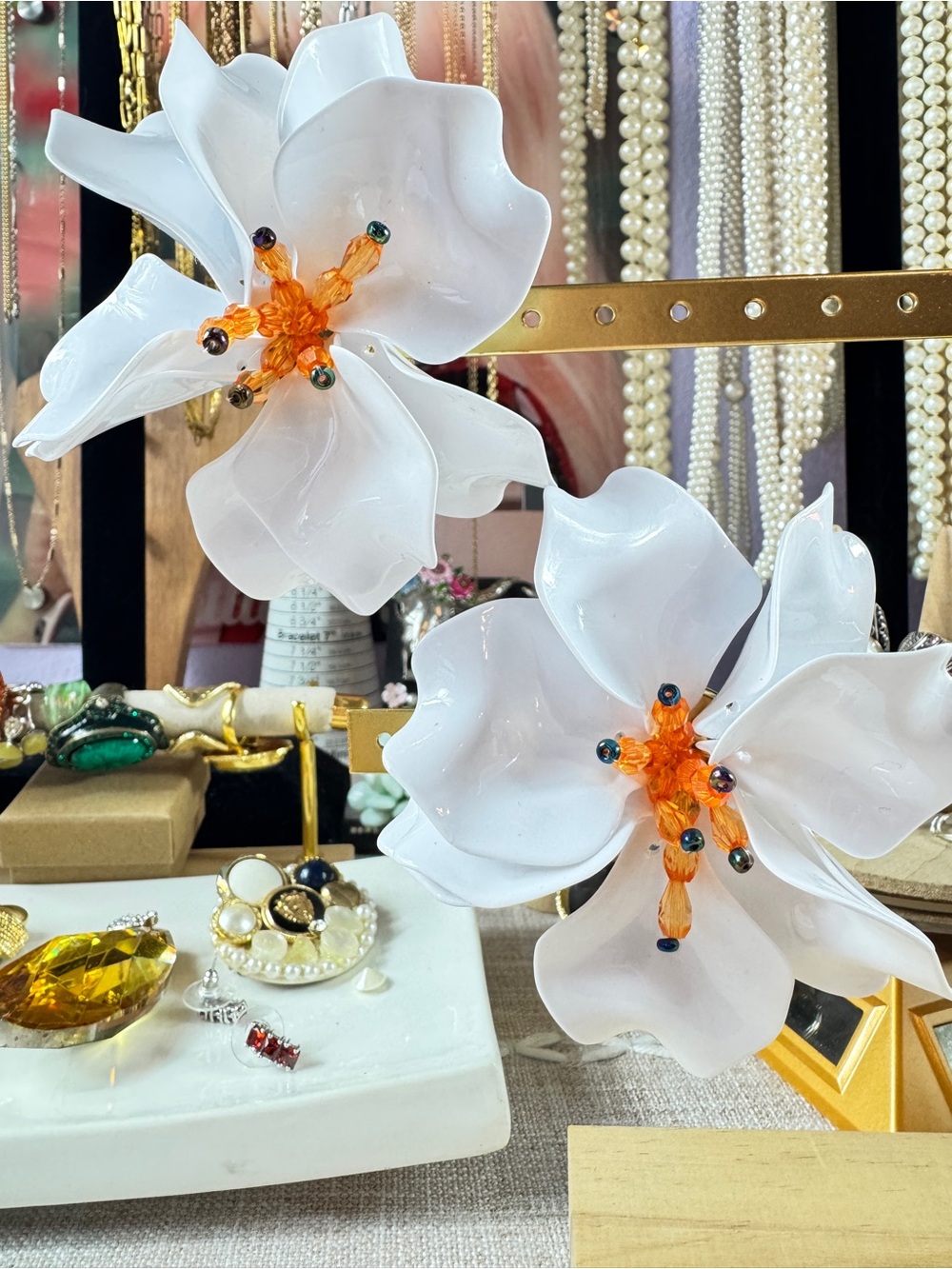 Zara Raised Winter White Flower Earrings with Orange Bead Center